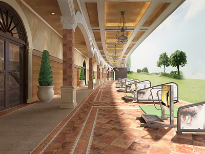 Outdoor Fitness Corridor With Arched Columns Red Brick Flooring Treadmills And Greenery 3d model
