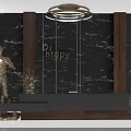 Elegant Reception Desk with Marble Wall Wooden Panels Circular Ceiling Lights Statue and Potted Plant