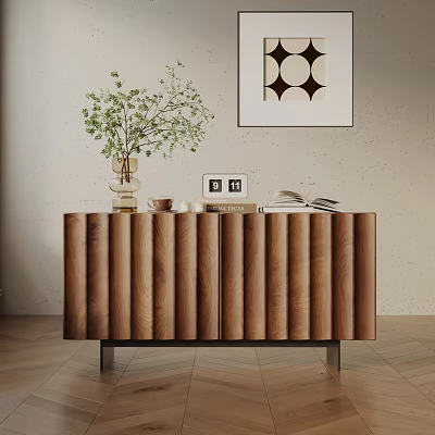Wooden Ribbed Console Cabinet With Decorative Vase Green Plant Photo Frame And Books 3d model