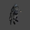 Sci Fi Hooded Armored Warrior With Red Eyes Skull Emblem In Combat Suit Holding Weapon