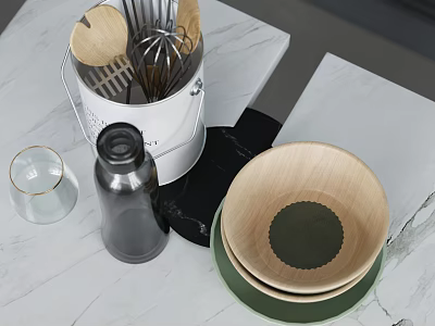 Stylish Kitchen Utensils On Marble Countertop With Wooden Spoons Whisk And Bowls 3d model