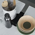 Stylish Kitchen Utensils On Marble Countertop With Wooden Spoons Whisk And Bowls
