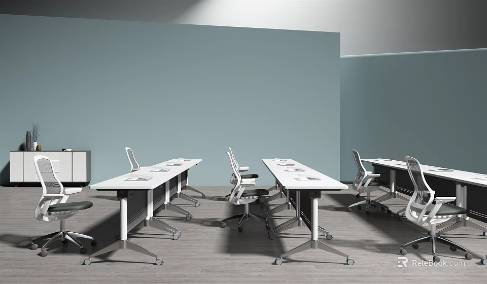 Modern Office Desks With White Tops Metal Frames And Matching Chairs In Workspace 3d model 