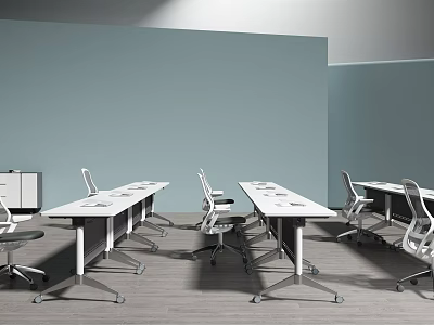 Modern Office Desks With White Tops Metal Frames And Matching Chairs In Workspace 3d model