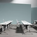 Modern Office Desks With White Tops Metal Frames And Matching Chairs In Workspace