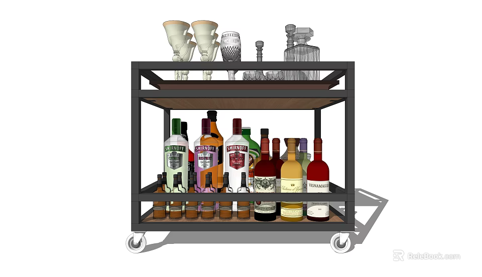 Stylish Rolling Bar Cart With Multiple Shelves Glassware And Assorted Alcohol Bottles 3d model 