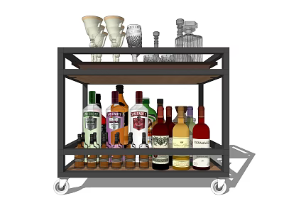 Stylish Rolling Bar Cart With Multiple Shelves Glassware And Assorted Alcohol Bottles 3d model