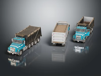 Three Blue And White Dump Truck Models With Brown Beds Displayed On Shiny Surface 3d model