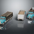 Three Blue And White Dump Truck Models With Brown Beds Displayed On Shiny Surface