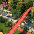Red Bridge Surrounded by Green Trees Purple Flowers and Mountains Under Blue Sky White Clouds