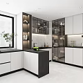 Modern Kitchen Interior With White Cabinets Black Island Glass Display Cabinets And Stone Countertops