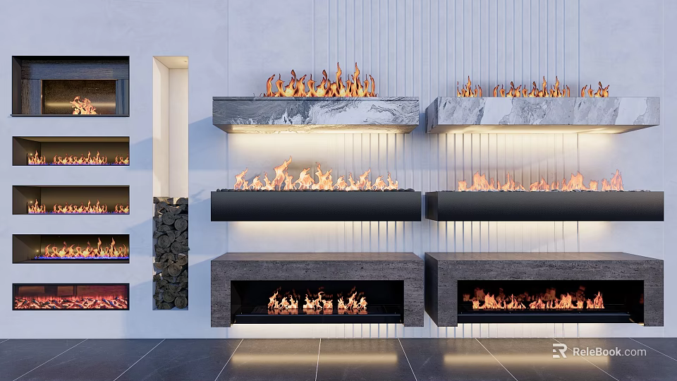 Modern Fireplace Designs With Marble Mantels And Burning Flames In Various Styles 3d model 