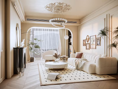 Elegant Living Room Interior Featuring Cream Sofa Ornate Chandelier Herringbone Flooring And Geometric Rug 3d model