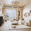 Elegant Living Room Interior Featuring Cream Sofa Ornate Chandelier Herringbone Flooring And Geometric Rug