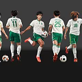 Group of Men in White Jerseys Green Shorts with Numbers Running and Holding Footballs
