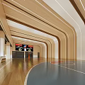 Modern Basketball Gymnasium Interior With Curved Wooden Ceiling And Scoreboard