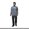 Man Against White Background Wearing Gray Cardigan Light Blue Shirt Dark Pants And Black Shoes