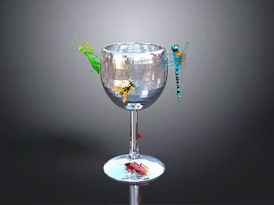 Green Praying Mantis Bee Dragonfly And Ladybug On Silver Sparkling Wine Glass 3d model