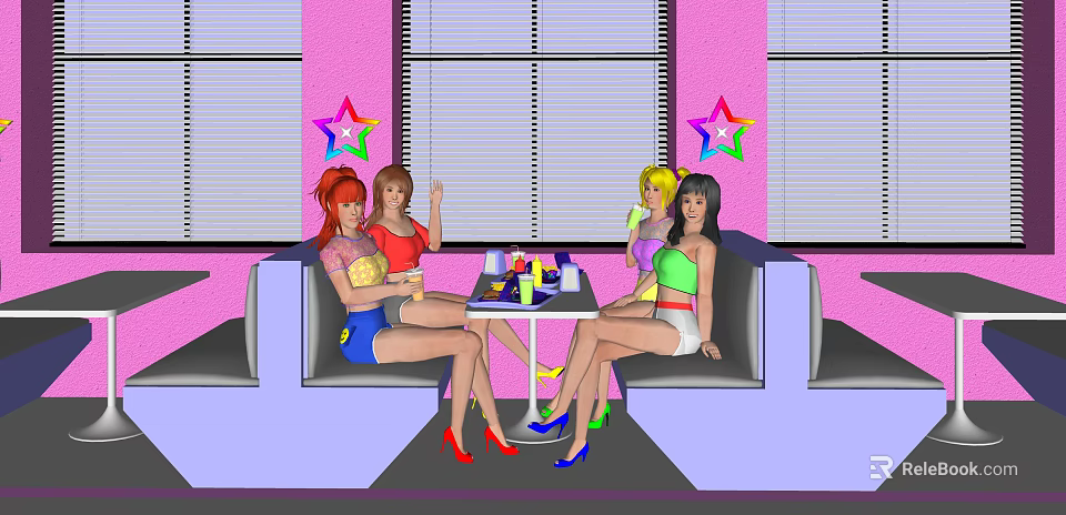 Group of women sitting at table in pink room with star decorations and drinks 3d model 