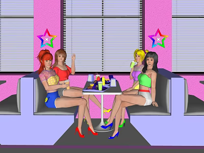 Group of women sitting at table in pink room with star decorations and drinks 3d model