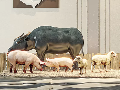 Black Cow With Pigs And Sheep In Rural Farm Setting With Wooden Fence And Hay 3d model