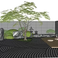 Courtyard Garden With Gray Walls Wavy Flooring Green Tree Large Rocks And Wooden Platform