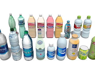 Various Brand Drink Bottles Including Mineral Water And Fruit Juice With Different Colors And Sizes 3d model