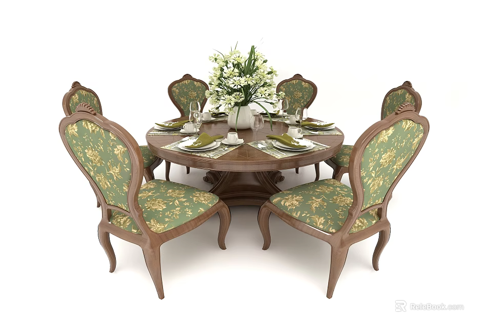 Round Dining Table Set with Six Green Floral Upholstered Chairs Wooden Frame Vase and Tableware 3d model 
