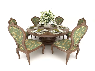 Round Dining Table Set with Six Green Floral Upholstered Chairs Wooden Frame Vase and Tableware 3d model