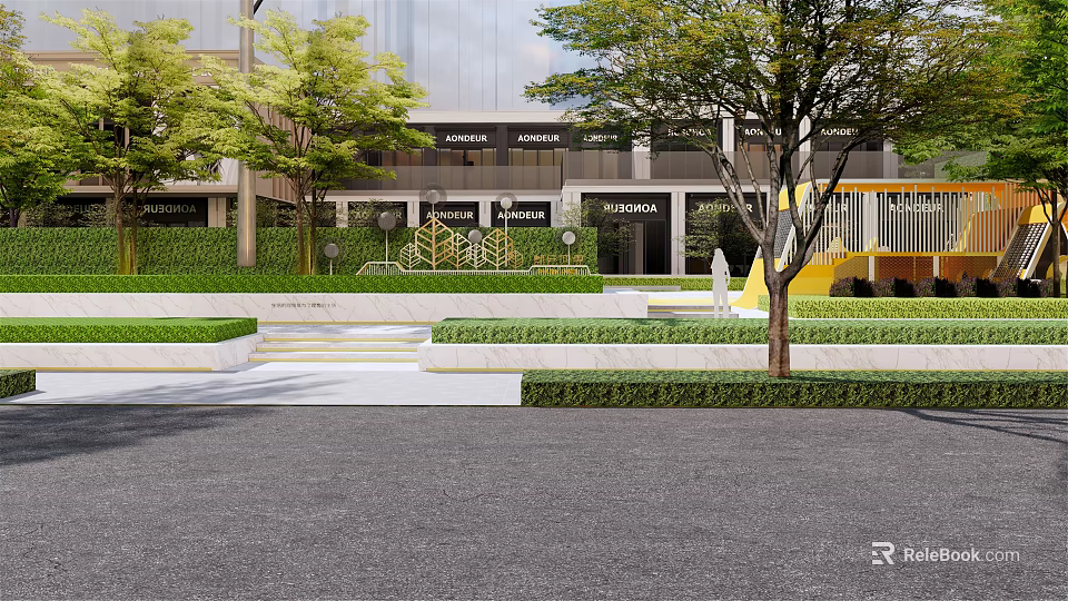 Modern Garden Landscape With Neatly Trimmed Hedges Stone Steps And Trees 3d model 