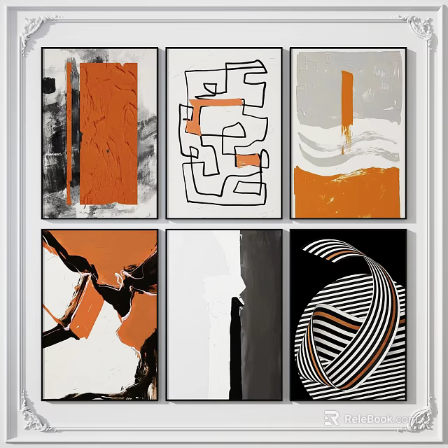 Modern Abstract Paintings With Orange Black White Geometric And Wave Patterns 3d model