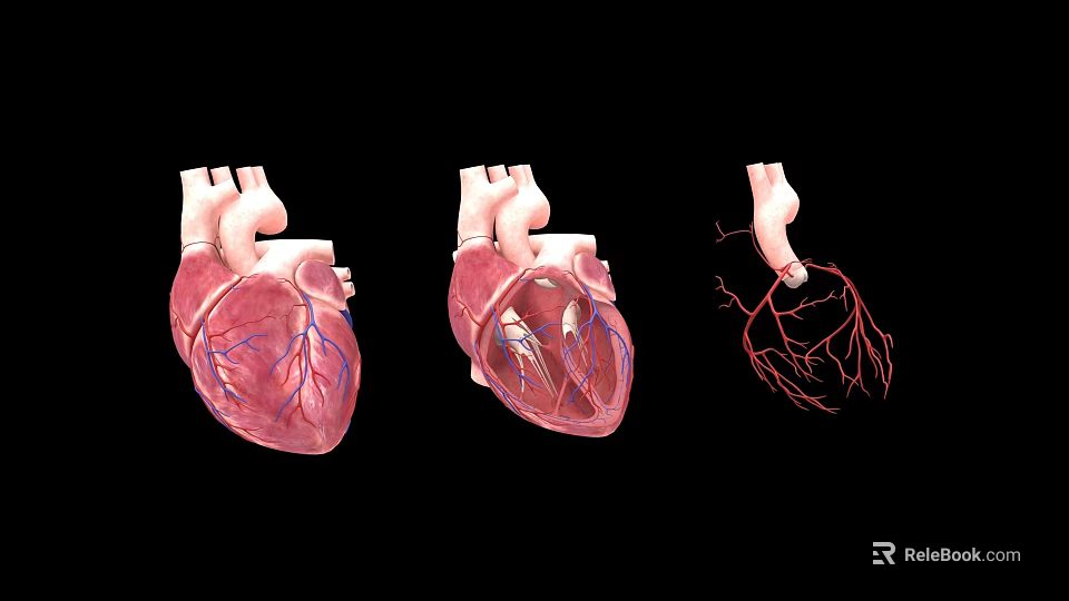 Game Movie Character Three Anatomical Hearts with Internal Structure and Vascular System 3d model 