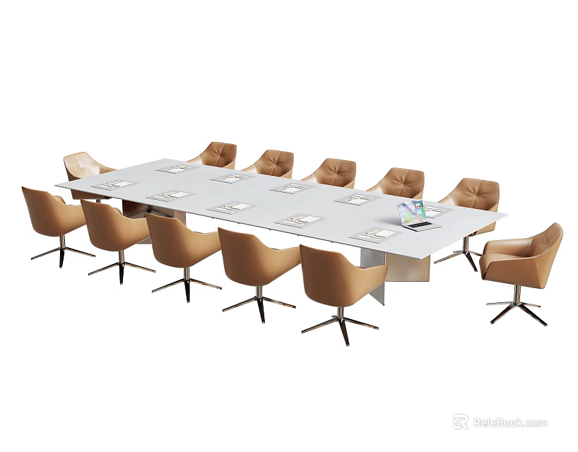 Modern Rectangular Conference Table With Leather Chairs Notebooks Laptop In Office Room 3d model
