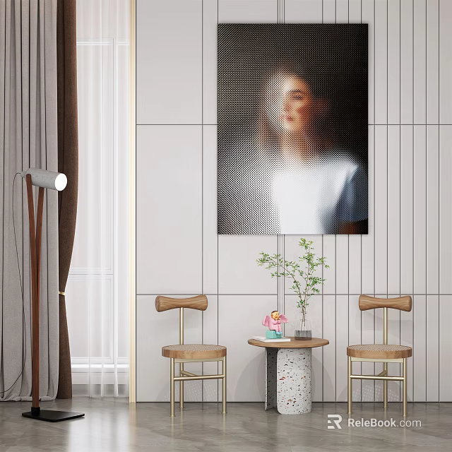 Modern Minimalist Table And Chairs Set With Wall Art Floor Lamp And Potted Plant 3d model 