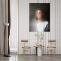 Modern Minimalist Table And Chairs Set With Wall Art Floor Lamp And Potted Plant