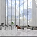 Modern Spacious Hotel Lobby Interior With Tall Glass Windows City View And Comfortable Furniture