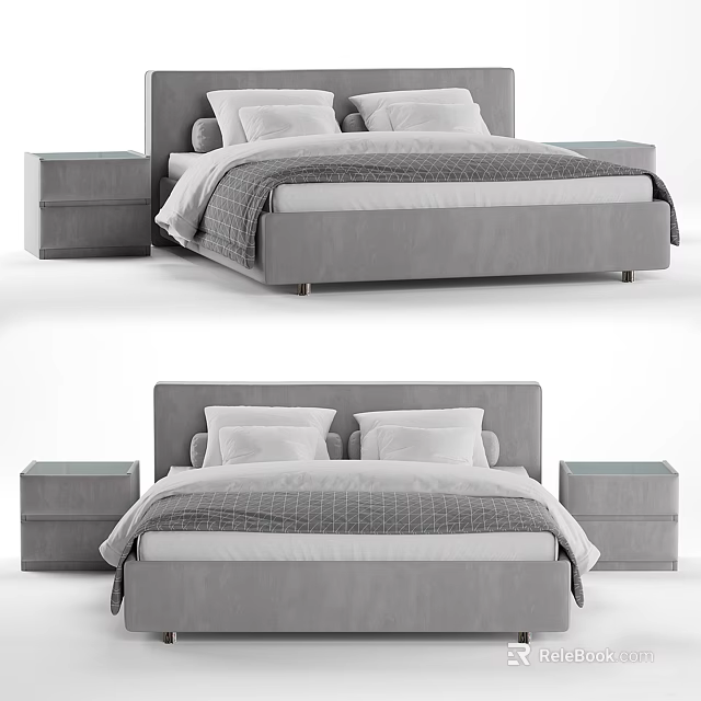 Modern Double Bed With Gray Bedding Two Nightstands And Comfortable Mattress 3d model