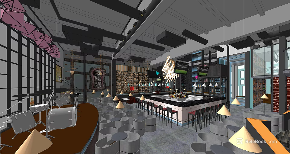 Modern Bar Interior Design With Central Counter Chandelier Wine Racks And Tables Chairs 3d model 