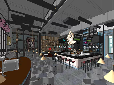 Modern Bar Interior Design With Central Counter Chandelier Wine Racks And Tables Chairs 3d model