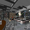 Modern Bar Interior Design With Central Counter Chandelier Wine Racks And Tables Chairs
