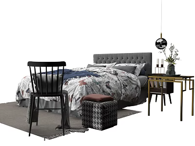 Modern Double Bed Interior With Upholstered Headboard Bedding Chair And Side Table 3d model