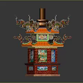Cartoon Scene Ornate Traditional Lantern With Red Green Hues Dragon Decorations And Tower Structure