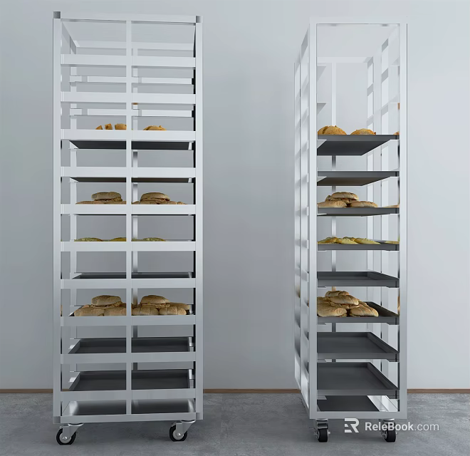 White Multi Tiered Kitchen Storage Racks Displaying Fresh Bread Loaves On Shelves 3d model