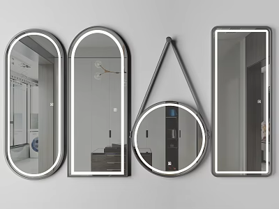 Different Shaped Mirrors with Silver Frames on White Wall Reflecting Interior Scenes 3d model