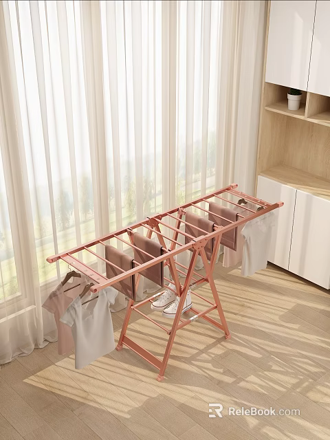 Pink Metal Clothes Drying Rack With Hanging Clothes Near Window And Cabinet 3d model 
