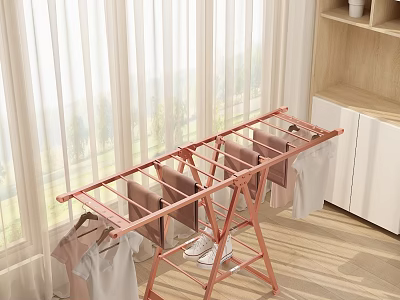 Pink Metal Clothes Drying Rack With Hanging Clothes Near Window And Cabinet 3d model