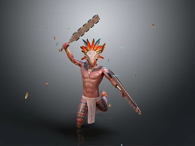 Game Film Character With Feathered Headdress Tattoos And Large Machete Running With Flying Debris 3d model