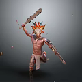 Game Film Character With Feathered Headdress Tattoos And Large Machete Running With Flying Debris