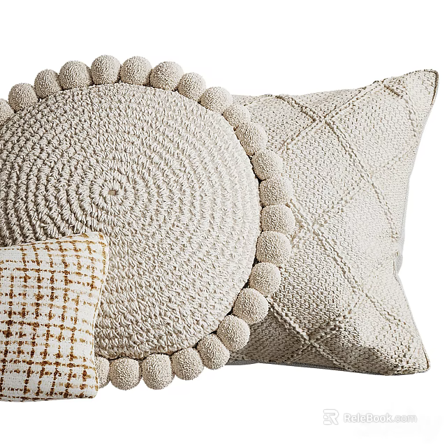 Neutral Knitted Round Pillow With Pom Pom Edges And Woven Textured Square Pillows 3d model 