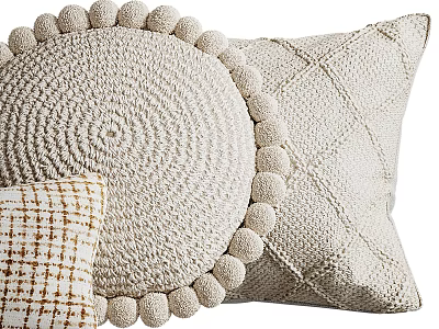 Neutral Knitted Round Pillow With Pom Pom Edges And Woven Textured Square Pillows 3d model